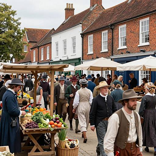 Photograph of a bustling outdoor Victorian-era market with people in period clothing, selling fresh vegetables and fruits under white umbrellas, surrounded by red-brick