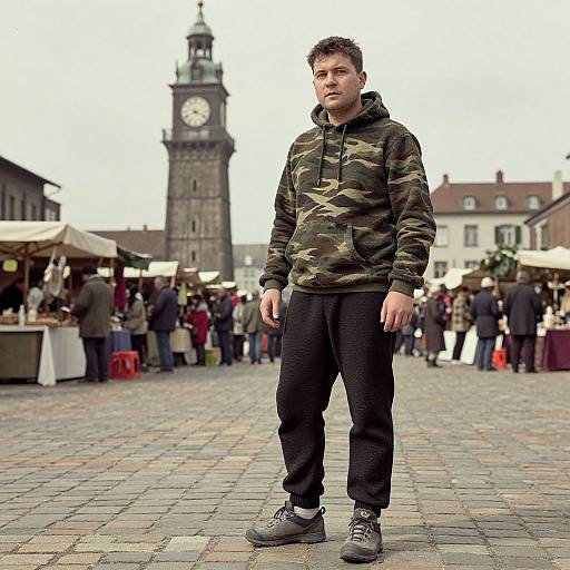 Photograph of a young man in a camo hoodie and black pants standing in a bustling outdoor market with a tall clock tower in the background.