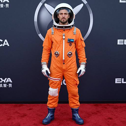 Man in Orange Space Suit on Red Carpet