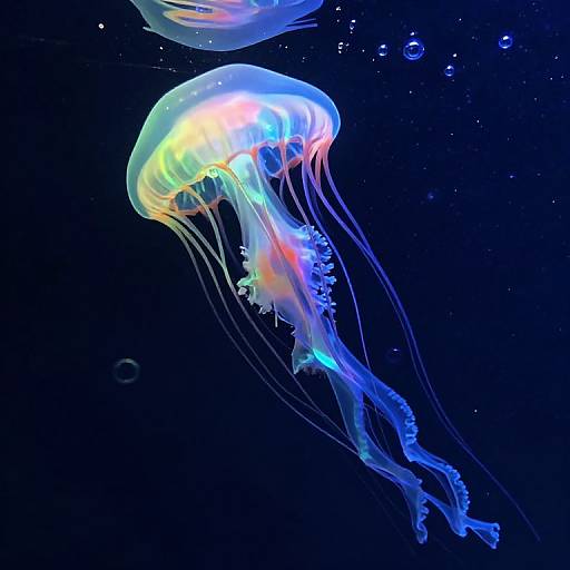 Vibrant photograph of a glowing, translucent jellyfish with blue, green, and yellow hues, floating in a dark, deep blue ocean.