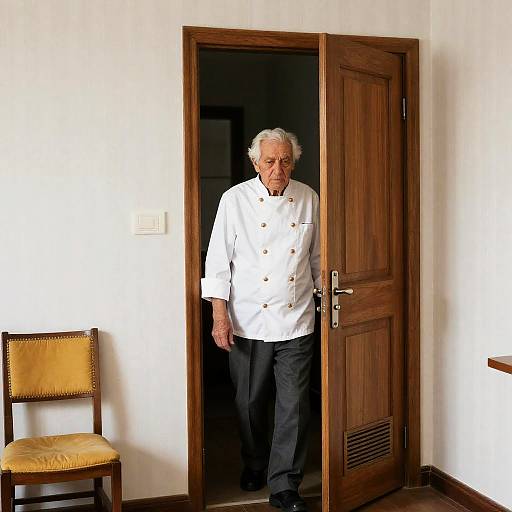 Elderly Chef Stepping Out of Door