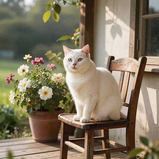 Photograph of a white cat with blue eyes sitting on a wooden chair in sunlight, surrounded by blooming flowers and greenery.