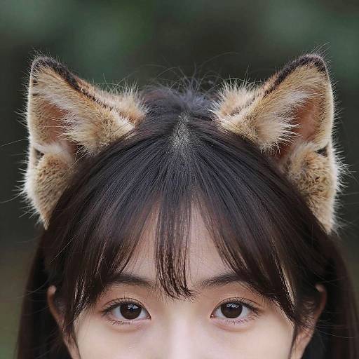 Photograph of an Asian woman with black hair, wearing realistic cat ears, centered on her face, with a blurred green background.