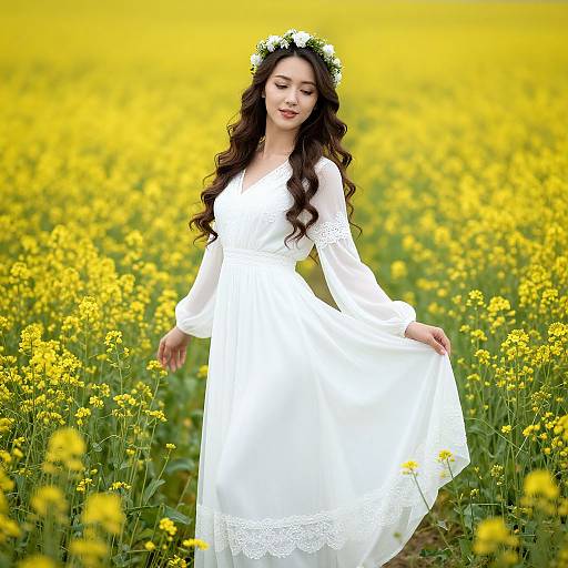 Woman in White Dress Among Yellow Flowers