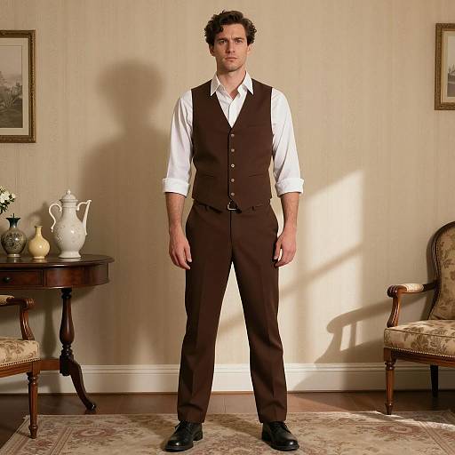 Man in Brown Vest Standing in Vintage Living Room