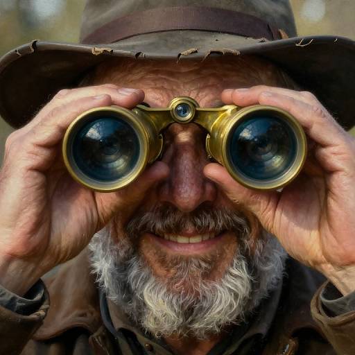 Close-up photograph of an elderly bearded man with a weathered face, wearing a brown hat and holding yellow binoculars, smiling with wrinkled