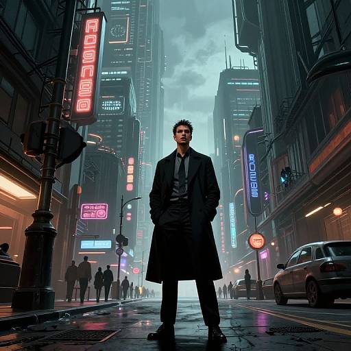 Digital art: Moody, neon-lit urban street with a tall, serious man in a long black coat standing confidently in the foreground. Cyberpunk city
