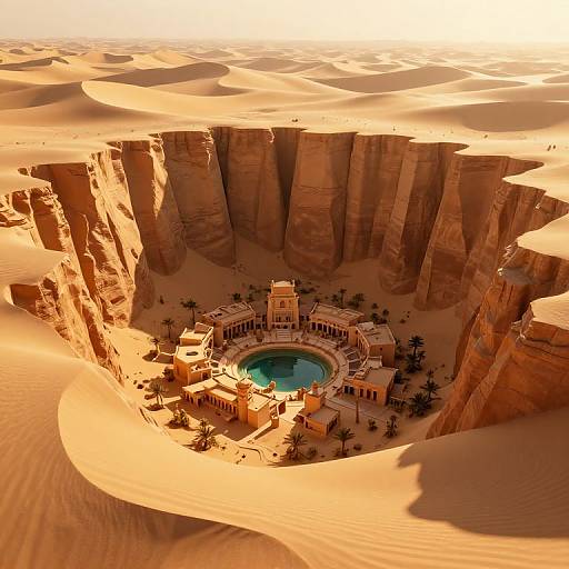 Aerial photograph of a luxurious desert oasis with a circular pool, surrounded by palm trees and golden sandstone cliffs.