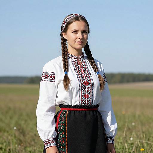Photograph of a young woman with braided brown hair, wearing a white embroidered blouse and black skirt, standing in a sunlit field.