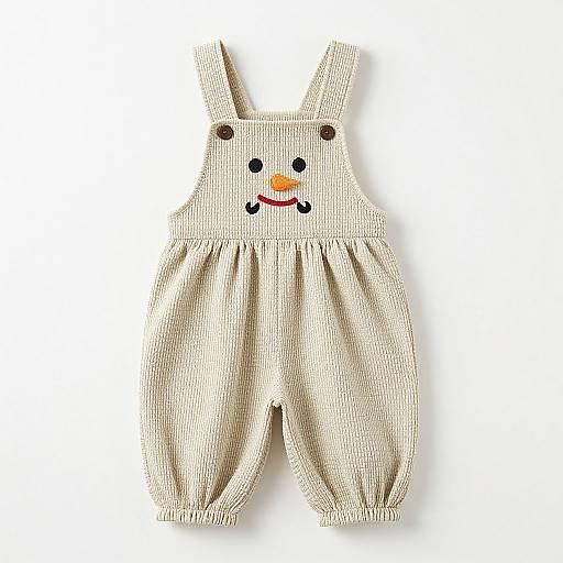 Photograph of cream-colored, knitted, baby overalls with a simple, embroidered smiley face, featuring black dots for eyes, a small orange