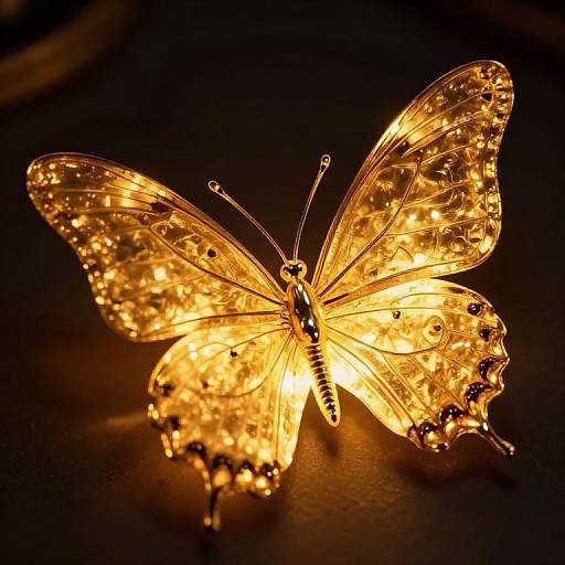 Photograph of a glowing, illuminated butterfly lamp with translucent wings adorned with small, bright yellow-orange lights against a dark background.