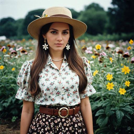 Young Woman in Floral Dress and Straw Hat in Flower Field