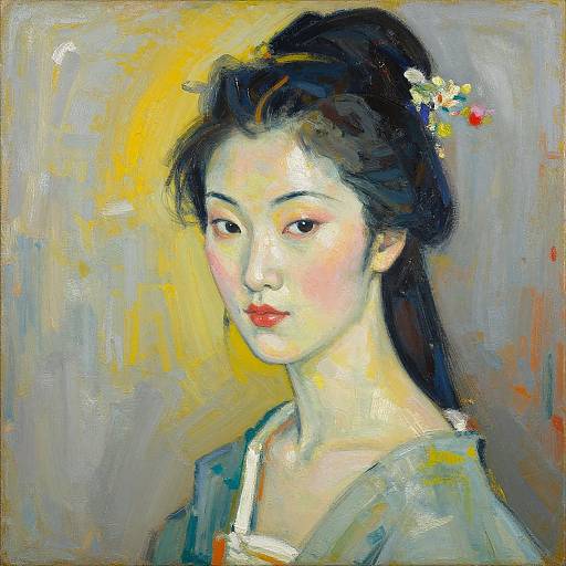 Impressionist-style painting of an Asian woman with black hair, red lips, and pale skin, wearing a greenish dress, against a yellow and