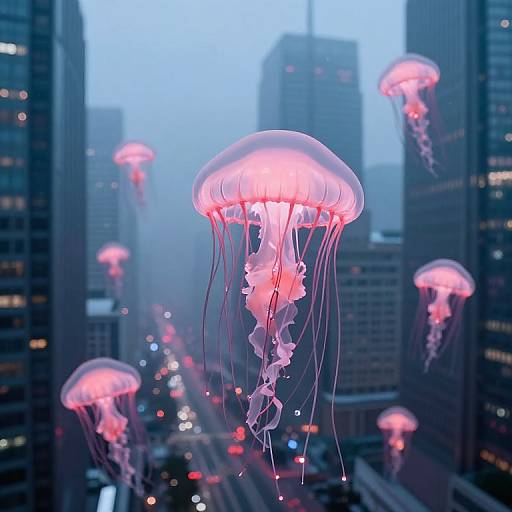 Photograph of glowing pink jellyfish floating in a dense urban skyline at dusk, with city lights and skyscrapers in the background.