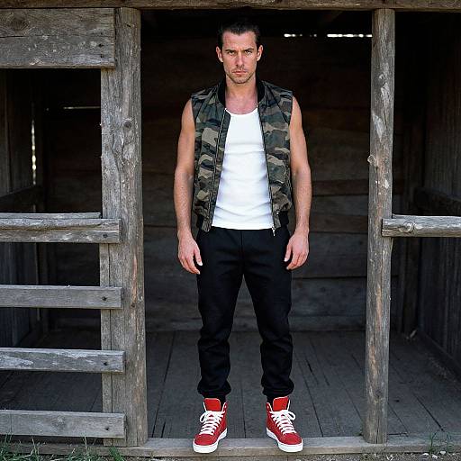 Photograph of a fit, light-skinned man with short dark hair, wearing a camouflage vest, white tank top, black pants, and red sneakers