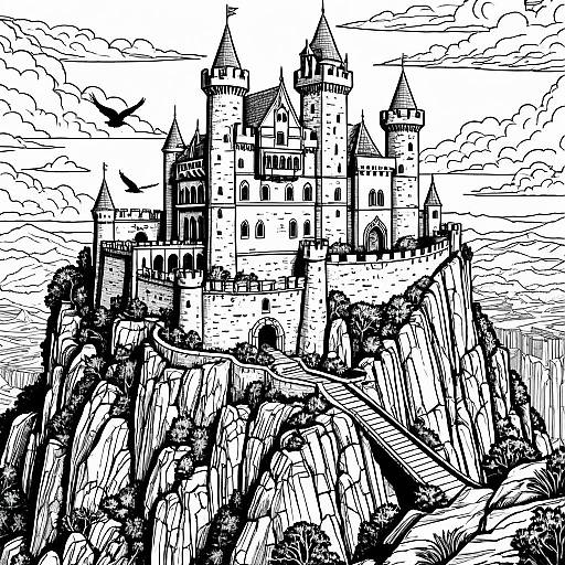 Majestic Castle on a Cliff Coloring Page
