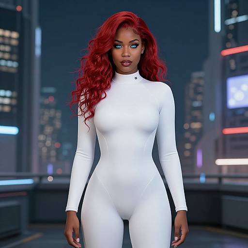 Digital art of a stunning Black woman with vibrant red hair, wearing a form-fitting white bodysuit, standing in a futuristic, neon-lit