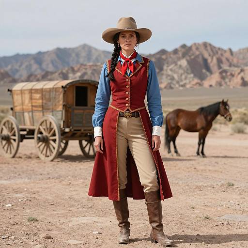 Woman in Western Stagecoach Outfit in Desert