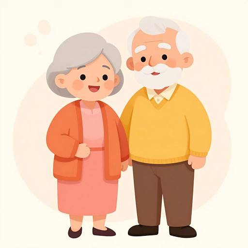 Cartoon-style illustration of an elderly couple with gray hair, the woman in a pink dress and orange cardigan, the man in a yellow sweater and