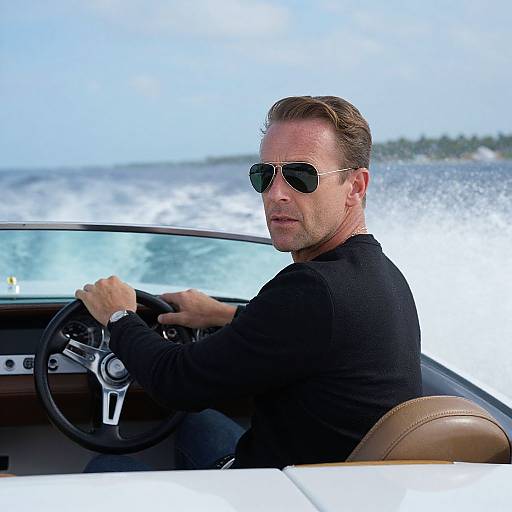Photograph of a middle-aged man with short brown hair, wearing black sunglasses and a black shirt, driving a boat on a sunny, oceanic waters
