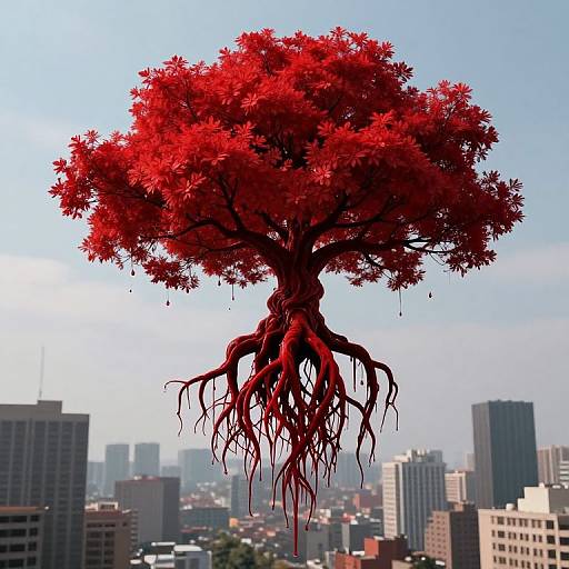 Digital artwork of a vibrant red, root-exposed tree hovering above a cityscape with skyscrapers, blue sky, and distant haze.