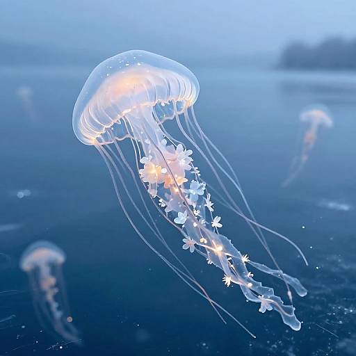 Photograph of a glowing jellyfish with translucent, flower-like appendages floating in a blue, dark underwater environment. Other jellyfish are blurred in the
