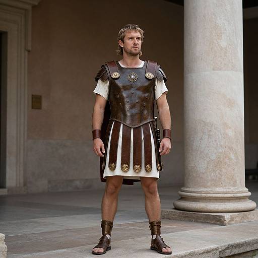 Photograph of a muscular man in ancient Roman armor, standing in front of a columned building, wearing a brown and white tunic, leather sandals