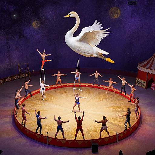 Circus performance photograph: shirtless male acrobats in colorful trunks, white swan puppet mid-flight, illuminated ring, dark purple background