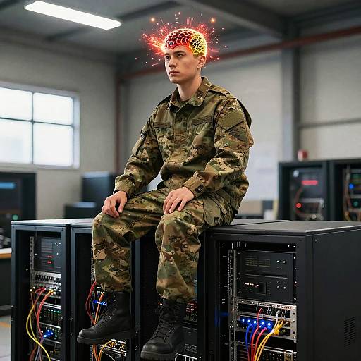 Photograph of a male soldier in camouflage uniform sitting on computer rack, glowing red brain waves above his head, indoor tech room, fluorescent lights, cables