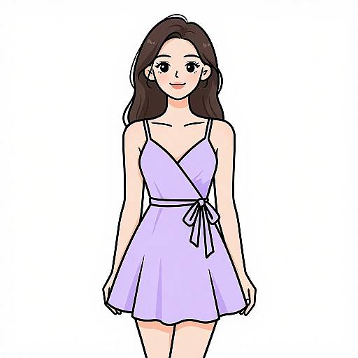Digital anime-style drawing of a young woman with long brown hair, wearing a light purple, sleeveless, V-neck, tie-front dress. She has