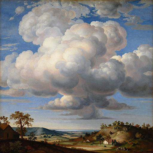 Baroque-style painting of a vast, luminous cloud-filled sky over a rural landscape with distant hills, trees, and cottages.