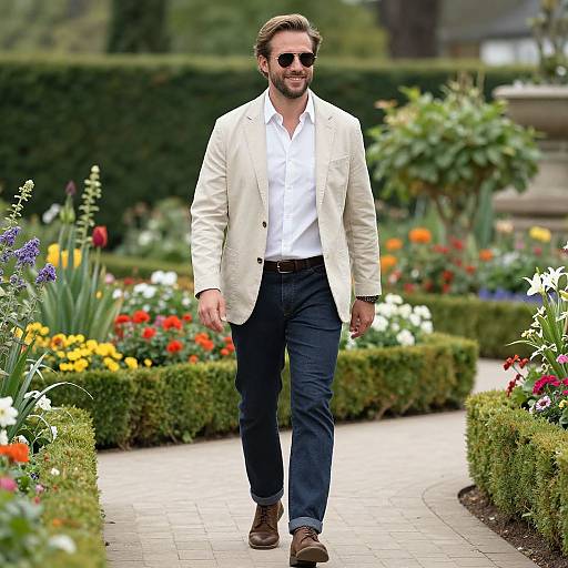 Cheerful Man Strolling Through Garden
