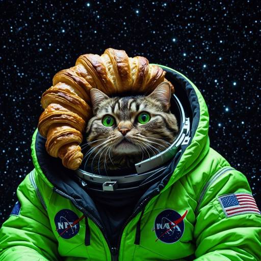 Cat Astronaut with Croissant Helmet in Space Jacket