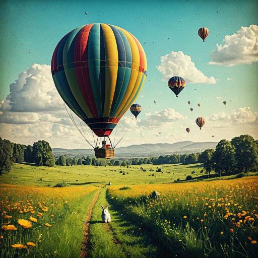Whimsical Hot Air Balloons Over Flower Meadow