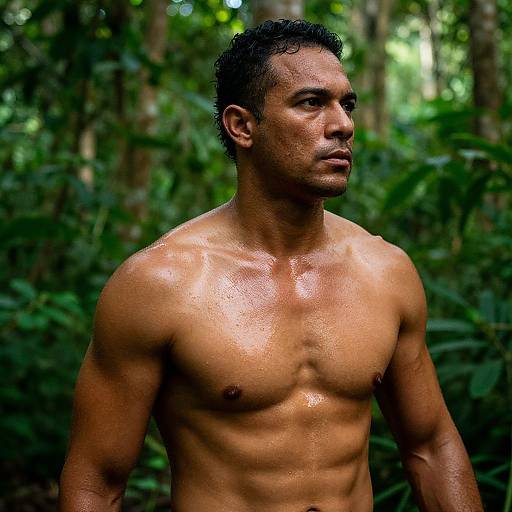 Photograph of a muscular, shirtless, tan-skinned man with short, wet black hair standing in a lush, green forest, glistening with