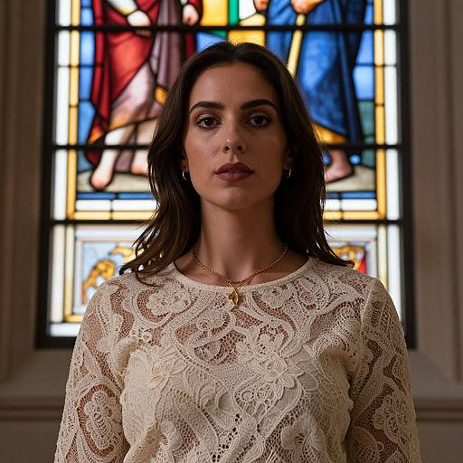Photograph of a serious-looking woman with dark hair, wearing a white lace top, gold necklace, standing in front of a colorful stained glass window.