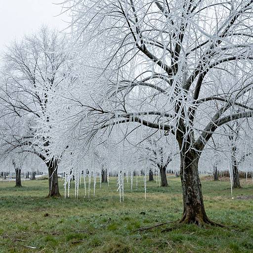 Photograph of a winter orchard with leafless trees covered in white frost, standing in a grassy field under a pale, overcast sky.