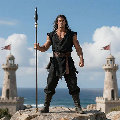 Warrior with Spear on Rocky Platform