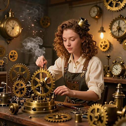 Steampunk photograph of a curly-haired woman in overalls, adjusting brass gears with smoke, surrounded by vintage clocks in a dimly lit workshop.