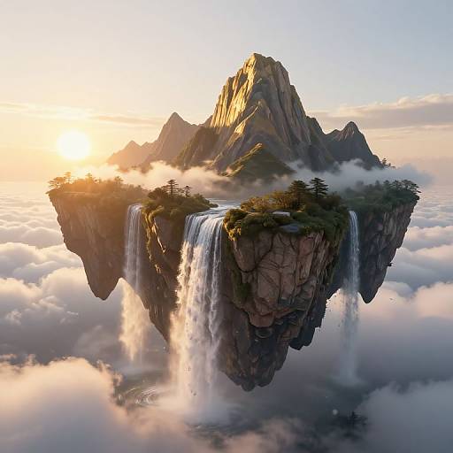 Digital artwork of a floating mountain with twin waterfalls, surrounded by clouds, sunlight illuminating peaks, and pine trees at the top.