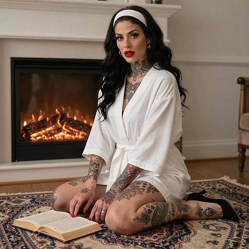 Tattooed Woman by Fireplace