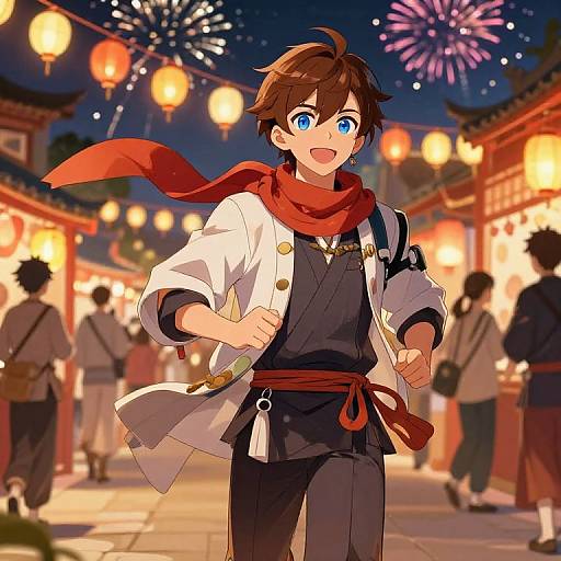 Anime-style drawing of a brown-haired boy with blue eyes, wearing a white coat, black shirt, red scarf, and belt, running joyfully through