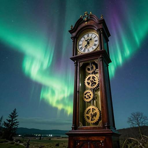 Photograph of a vintage wooden clock with exposed gears, illuminated by vibrant green and purple auroras against a starry night sky.
