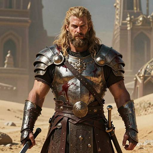 Photograph of a muscular, bearded man with long blonde hair, wearing blood-stained, shiny silver armor and a dark brown leather skirt, standing