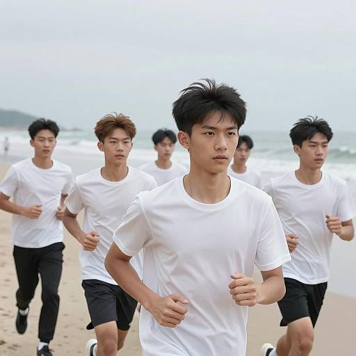 Dynamic Scene of Young Men Running on Beach