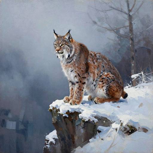 Digital painting of a lynx with striking yellow eyes, sitting on a snow-covered rock, surrounded by misty, wintry forest.