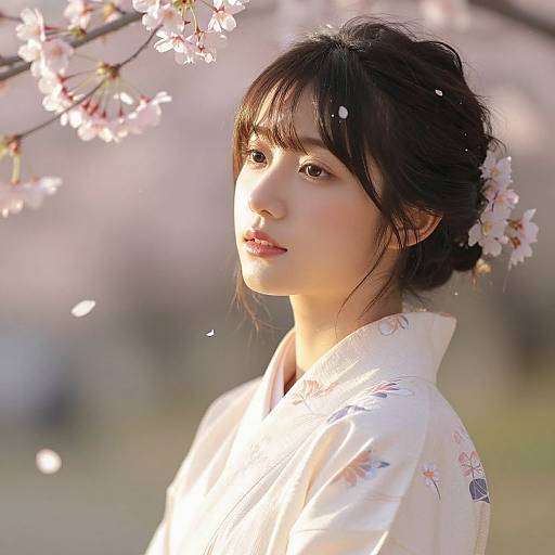 Photograph of a beautiful East Asian woman with fair skin and black hair in a bun, wearing a white floral kimono, standing amid cherry blossoms