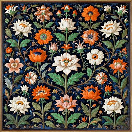 Vibrant, intricate floral embroidery with white and orange poppies, pink and red flowers, green leaves, on a dark blue background. Traditional,