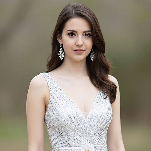 Photograph of a beautiful woman with long dark brown hair, wearing a white, sleeveless, textured dress with a deep V-neck, and intricate silver