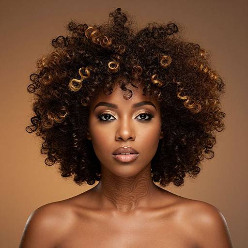 Photograph of a beautiful Black woman with glowing brown skin, large afro with golden highlights, and intricate neck tattoo, gazing confidently at the camera
